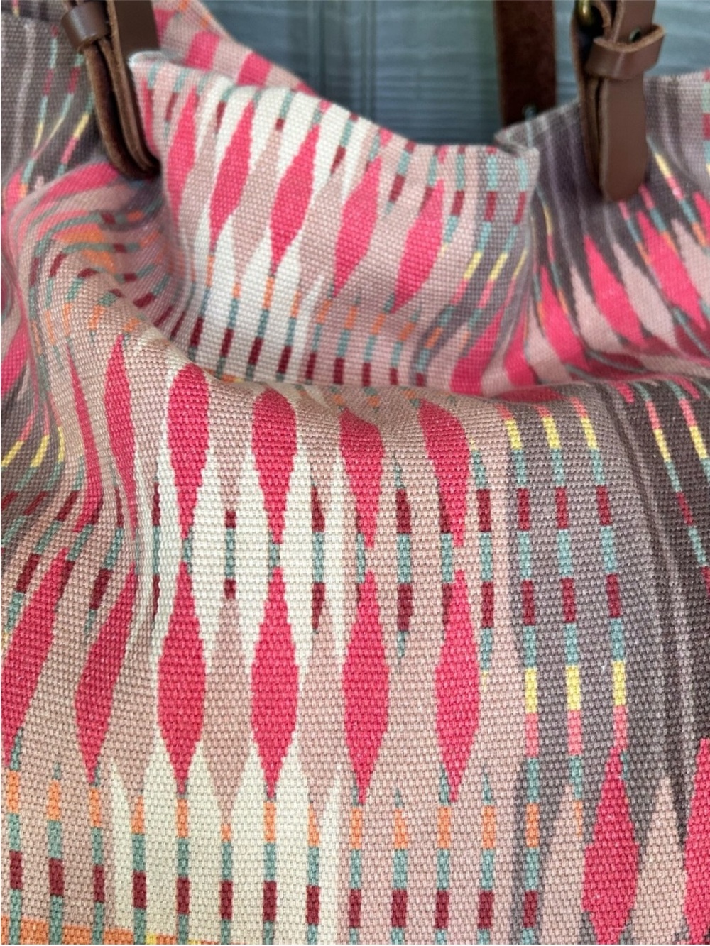 Vintage Prana Woven Multicolor Tote Bag with Brown Leather Straps - Picture 3 of 15